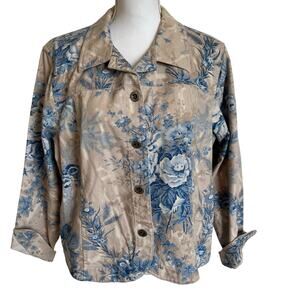 Coldwater Creek Denim Jacket Size XL Cream Blue Floral Roses Cotton Trucker